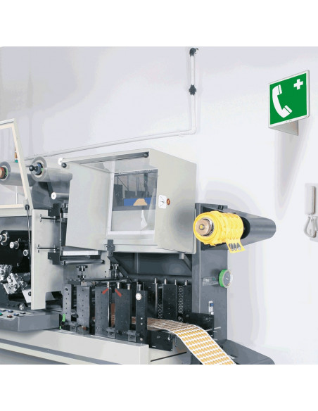 Panorama noodtelefoon bord, 400 x 200 mm, E004, groen wit, symbool noodtelefoon, vierkant, ISO 7010