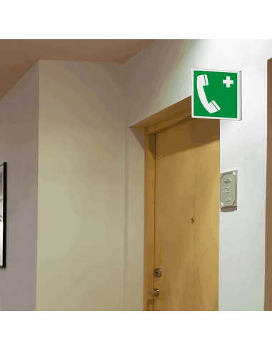 Haaks noodtelefoon bord, 200 x 200 mm, E004, groen wit, symbool noodtelefoon, vierkant, ISO 7010