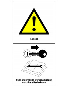 Machinemarkering zet motor af en verwijder sleutel voor onderhoud en reparatie, geel wit zwart
