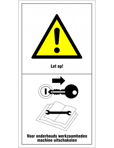 Machinemarkering zet motor af en verwijder sleutel voor onderhoud en reparatie, geel wit zwart