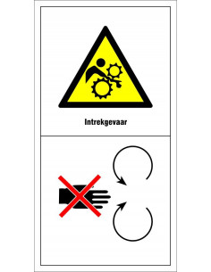 Machinemarkering intrekgevaar, bewegende rollen, geel zwart wit