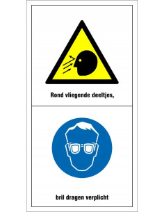 Machinemarkering rond vliegende deeltjes, bril dragen verplicht, geel blauw zwart