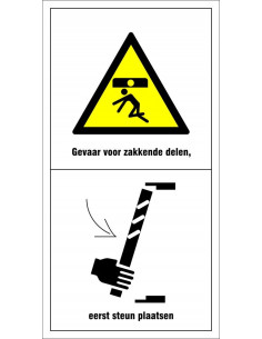 Machinemarkering gevaar zakkende delen, eerst steun plaatsen, geel zwart