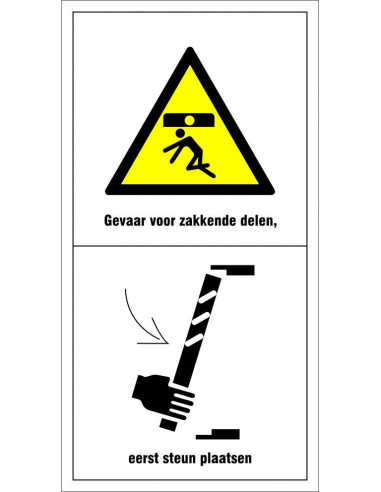 Machinemarkering gevaar zakkende delen, eerst steun plaatsen, geel zwart