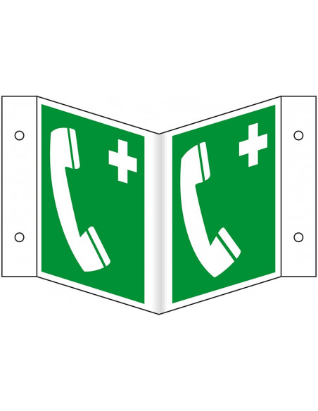 Panorama noodtelefoon bord, 400 x 200 mm, E004, groen wit, symbool noodtelefoon, vierkant, ISO 7010