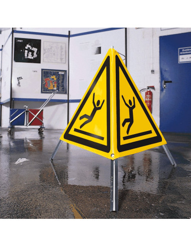 Inklapbaar waarschuwingsbord natte vloer, 600 mm, W011, geel zwart, ISO 7010, uitglijden, driehoek
