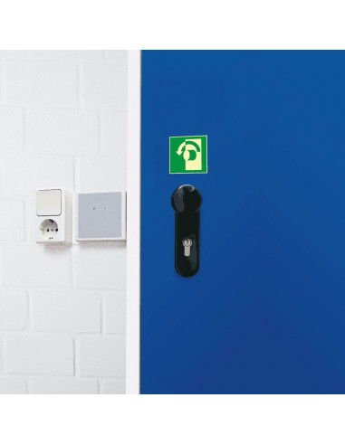 Lichtgevende nooduitgang bord pictogram Deur openen naar links draaien, ISO 7010, E018, sticker op deur