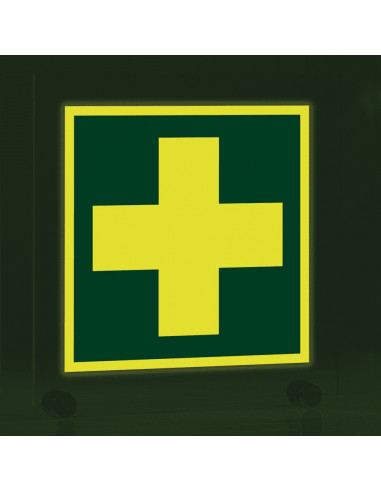 Lichtgevend EHBO bord, acryl, E003, groen wit, symbool EHBO, wit kruis, vierkant, ISO 7010
