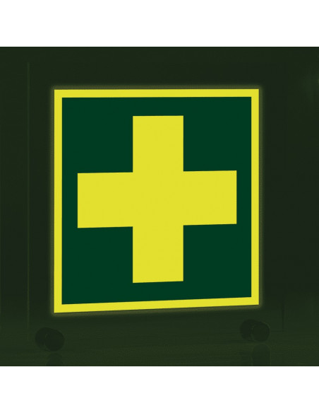 Lichtgevend EHBO bord, acryl, E003, groen wit, symbool EHBO, wit kruis, vierkant, ISO 7010