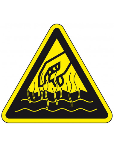 Waarschuwingsbord hete vloeistoffen, geel zwart, hete vloeistoffen symbool, driehoek