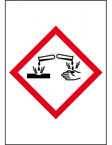 GHS05 bijtende stoffen leidingmarkering op rol, rechthoek, wit vlak rode ruit met pictogram