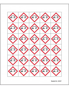 Minisymbool GHS05 bijtende stoffen, sticker, reageerbuis, hand, corrosief, rood wit, ruit