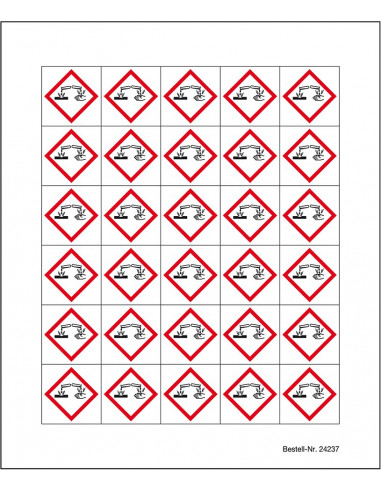 Minisymbool GHS05 bijtende stoffen, sticker, reageerbuis, hand, corrosief, rood wit, ruit