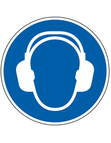 Vloersticker gehoorbescherming verplicht, sterke zelfklevende folie, blauw wit, rond, symbool persoon met oorkap