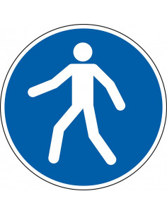 Vloersticker verplicht voetpad, sterke zelfklevende folie, blauw wit, rond, symbool voetganger met blauwe achtergrond