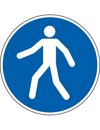 Vloersticker verplicht voetpad, sterke zelfklevende folie, blauw wit, rond, symbool voetganger met blauwe achtergrond