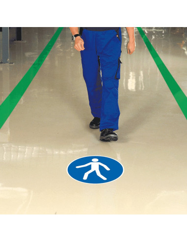 Vloersticker verplicht voetpad, sterke zelfklevende folie, blauw wit, rond, symbool voetganger met blauwe achtergrond