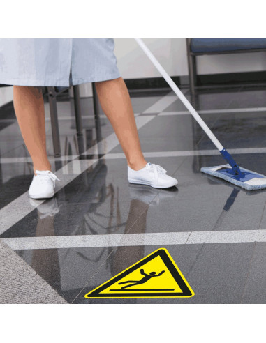 Vloersticker waarschuwing glad oppervlak, sterke zelfklevende folie, geel zwart, driehoekig, symbool vallend persoon