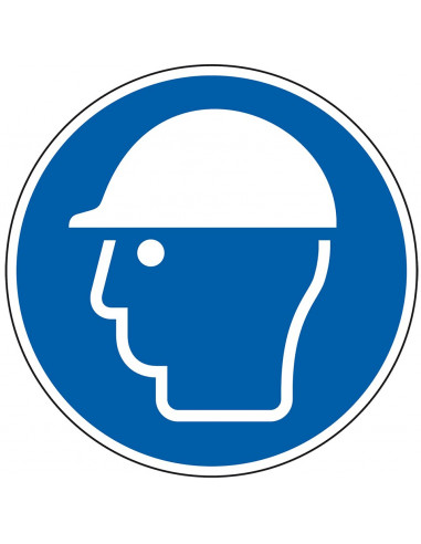 Vloersticker veiligheidshelm verplicht, sterke zelfklevende folie, blauw wit, rond, symbool persoon met helm