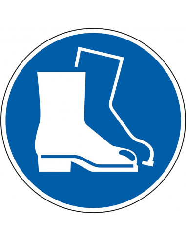 Vloersticker veiligheidsschoenen verplicht, sterke zelfklevende folie, blauw wit, rond, symbool veiligheidsschoenen