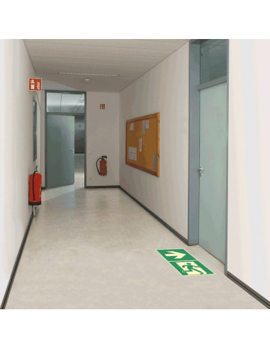 Lichtgevende vloersticker nooduitgang links, 400 x 400 mm, groen, vierkant