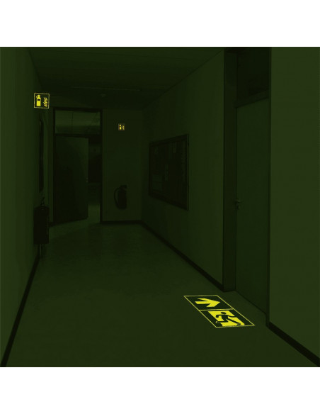 Lichtgevende vloersticker nooduitgang links, 400 x 400 mm, groen, vierkant