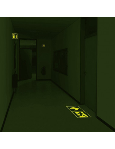 Lichtgevende vloersticker nooduitgang rechts, 400 x 400 mm, groen, vierkant