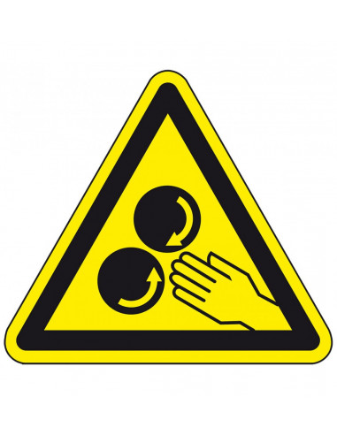 Hand tussen draaiende rollen sticker, 500 per rol, 50 mm, driehoek sticker, geel zwart