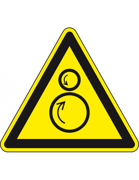 Draaiende rollen sticker op rol, 25 meter, W025, geel zwart, driehoek, pictogram twee rollen