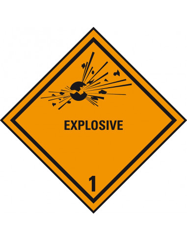 ADR klasse 1 sticker explosieve stoffen met tekst, ruit, oranje, explosie pictogram