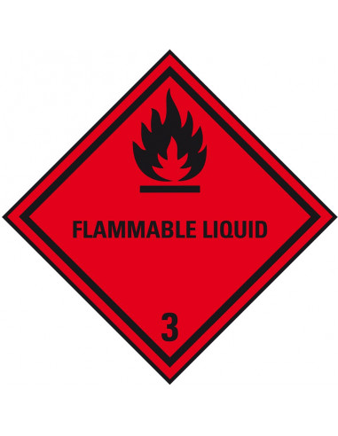 ADR klasse 3 sticker ontvlambare vloeistoffen met tekst, zeewaterbestendig, ruit, rood zwart, vlam pictogram met tekst