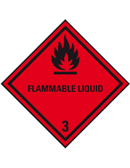ADR klasse 3 sticker ontvlambare vloeistoffen met tekst, zeewaterbestendig, ruit, rood zwart, vlam pictogram met tekst