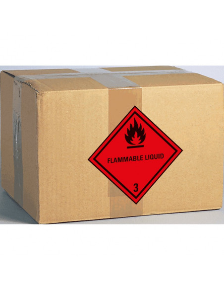 ADR klasse 3 sticker ontvlambare vloeistoffen met tekst, zeewaterbestendig, ruit, rood zwart, vlam pictogram met tekst voorbeeld