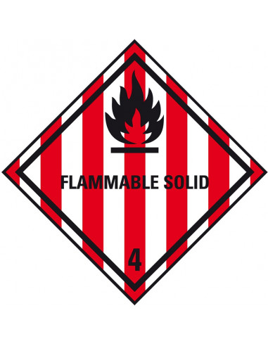ADR klasse 4.1 sticker brandbare vaste stoffen met tekst, zeewaterbestendig, ruit, rood wit zwart, vlam pictogram