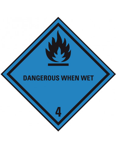 ADR klasse 4.3 sticker ontvlambaar met water met tekst, blauw zwart, ruit, met tekst DANGEROUS WHEN WET