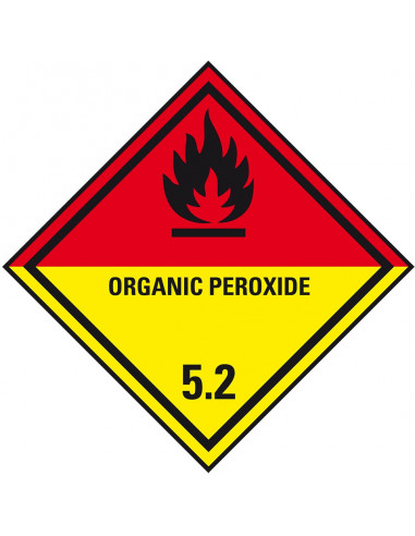 ADR klasse 5.2 sticker organische peroxide met tekst, rood geel zwart, ruit, vlam pictogram met tekst organic peroxide
