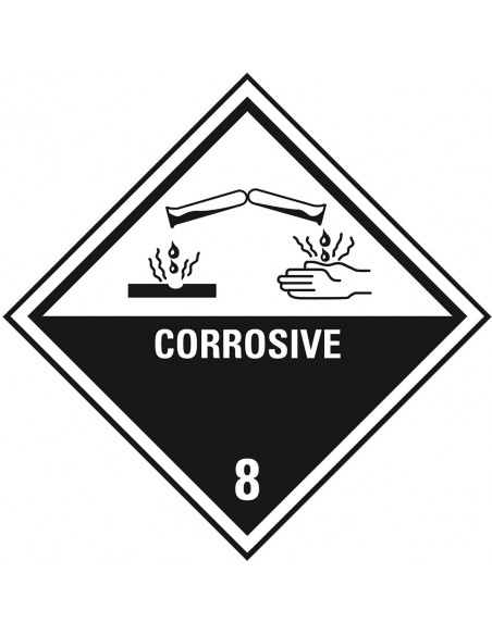 ADR sticker klasse 8 met tekst, zeewaterbestendig op rol, zwart wit, vierkant