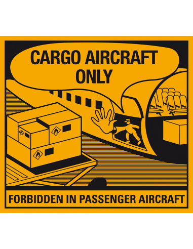 Cargo aircraft only sticker, zelfklevend papier, 1000 op rol, geel zwart, rechthoekig