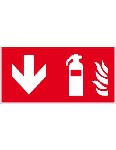 Brandblusser sticker beneden, 300 x 150 mm, F001, rood wit, pictogram brandblusser met pijl, rechthoek