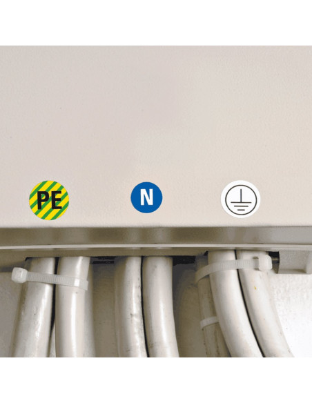 Beschermende PE geleider sticker, vel, groen geel met daarbij neutraal geleider sticker en beschermende aardig sticker