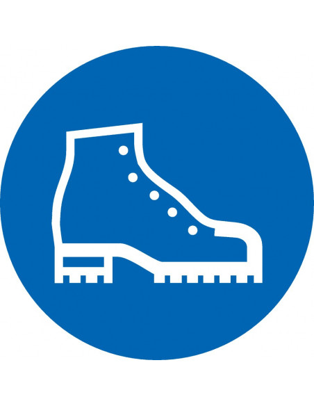 Schoenen dragen verplicht sticker, blauw wit, pictogram schoen, rond