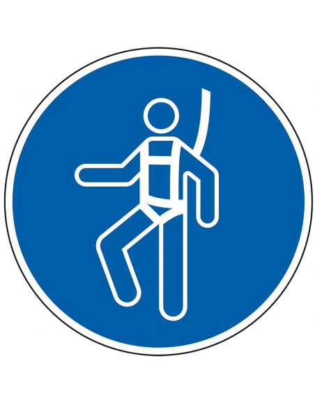 Valbescherming verplicht gebodssticker, ISO 7010, M018, blauw wit, rond