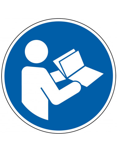 Gebruiksaanwijzing gebruiken sticker, ISO 7010, M002, blauw wit, pictogram gebruiksaanwijzing lezen, rond