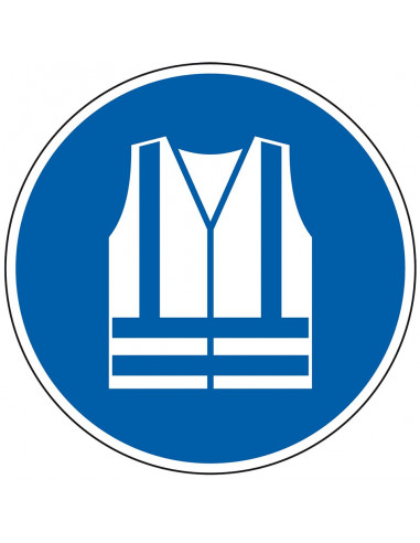 Waarschuwingshesje verplicht gebodssticker, ISO 7010, M015, blauw wit, rond