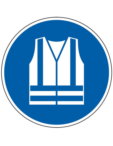Waarschuwingshesje verplicht gebodssticker, ISO 7010, M015, blauw wit, rond