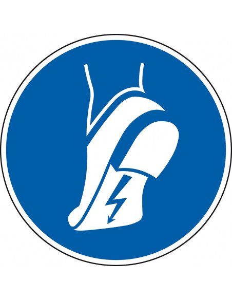 Antistatische schoen verplicht sticker, ISO 7010, M032, blauw wit, rond, antistatische schoen pictogram