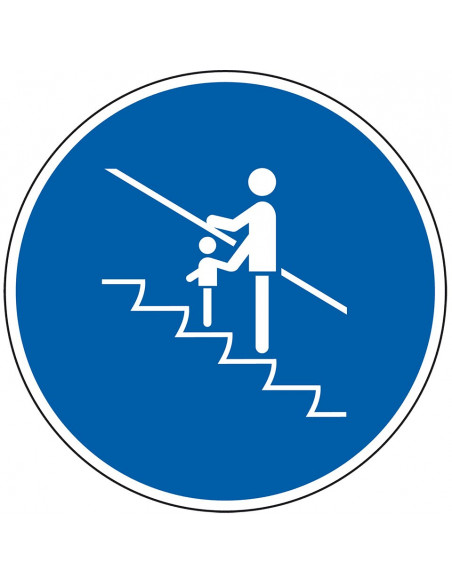 Kleine kinderen vasthouden verplicht sticker, blauw wit, rond, pictogram kleine kinderen vasthouden verplicht