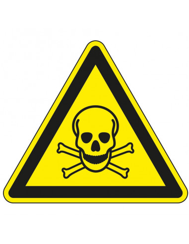 Waarschuwingsbord giftige stoffen, W016, geel zwart, ISO 7010, doodshoofd bord, driehoek