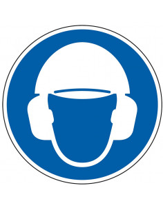 Hoofd en gehoorbescherming verplicht bord, kunststof, ISO 7010, blauw wit, pictogram hoofd en gehoorbescherming, rond
