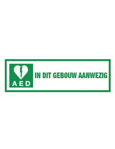 AED in dit gebouw aanwezig tekststicker, wit groen, om aan te geven dat AED aanwezig is